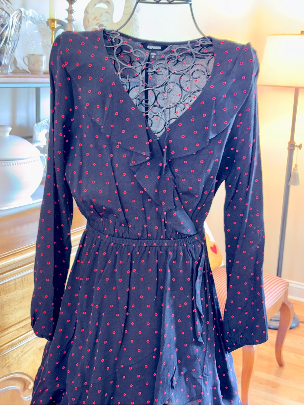 Express Black Dress with Red Polka Dot Print